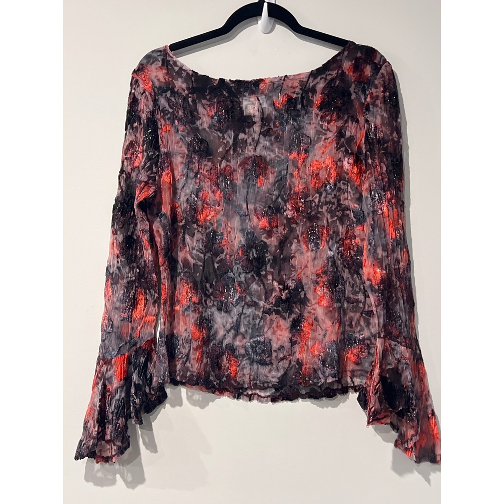 Conrad Collection Womens Red Black Floral Burnout Crinkle Mesh Bell Sleeve Top L